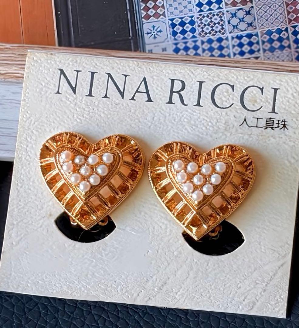 Nina Ricciハートモチーフフェイクパール ヴィンテージイヤリングF165