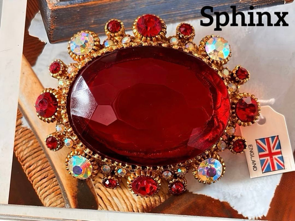 Sphinx英国製 レッド系ヴィンテージブローチタグ付S22
