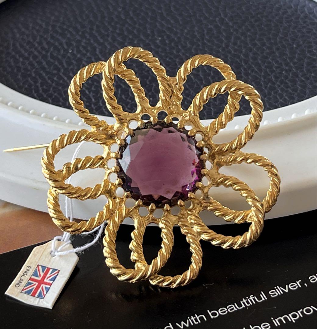 イギリス製 タグ付大ぶり ガラス ヴィンテージ ブローチA118