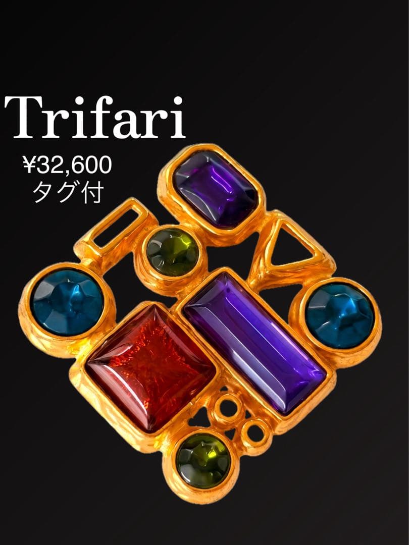希少！Trifari TM期幾何学 マルチカラーヴィンテージブローチタグ付L27