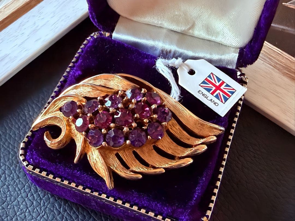 英国 タグ付パープルガラス クラスターデザイン ヴィンテージブローチA399