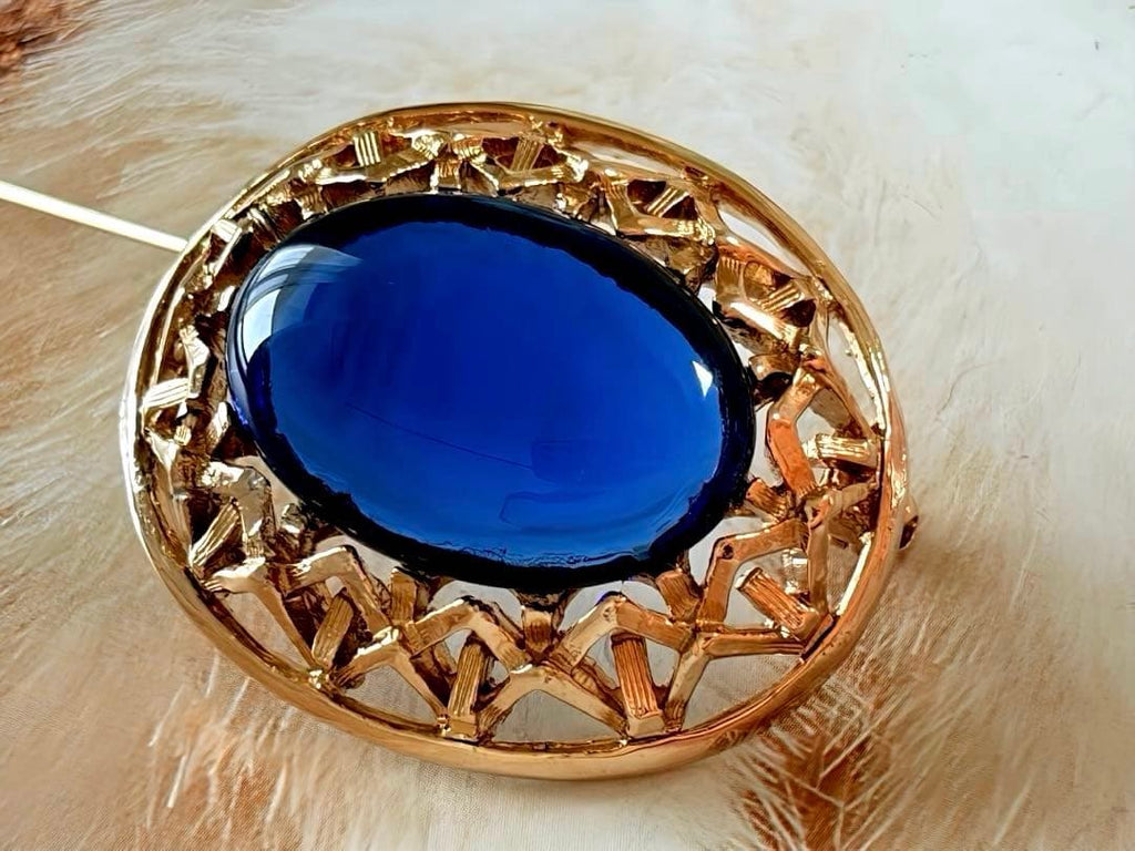 イギリス コバルトブルーガラス ヴィンテージブローチF146