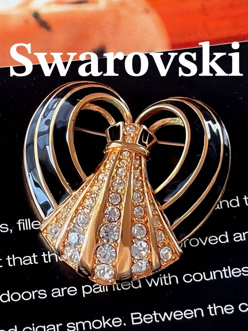 Swarovski ハート＆リボン　エナメル　ヴィンテージブローチF128