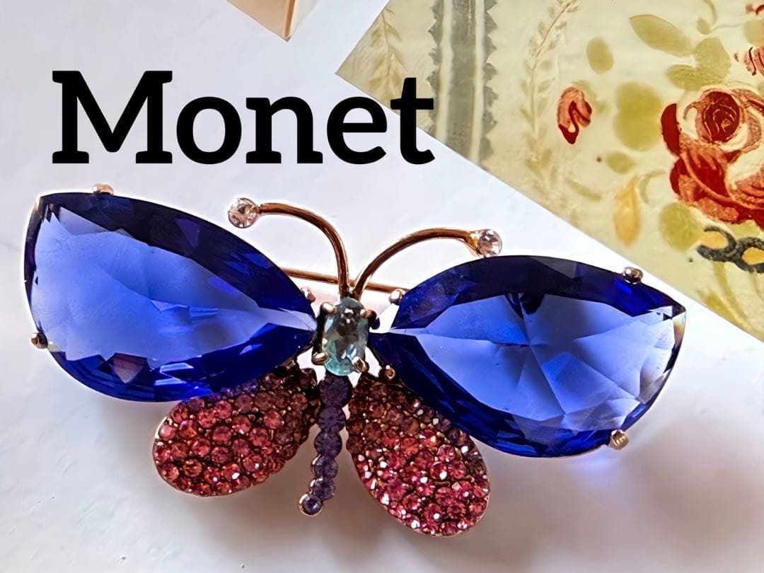 超希少デザインMonet バタフライ ガラス ヴィンテージブローチH69