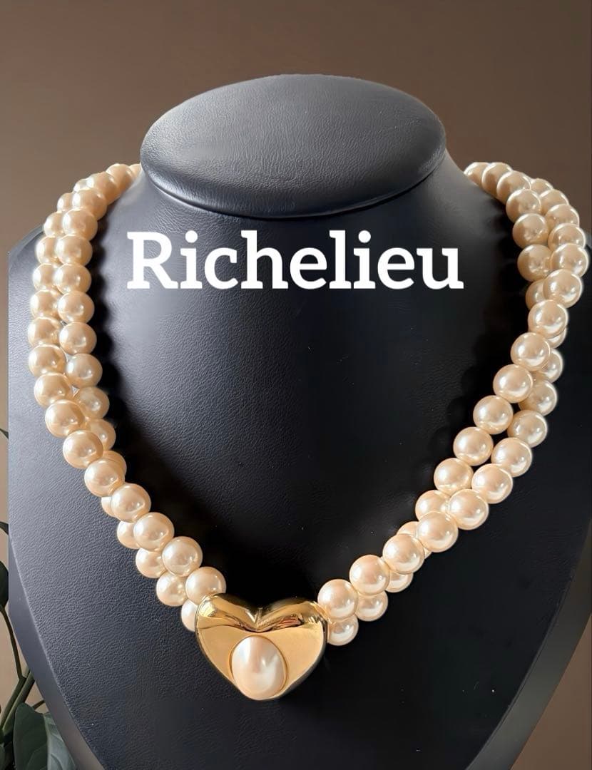 希少Richelieu ハート＆ダブルフェイクパールヴィンテージネックレスF50